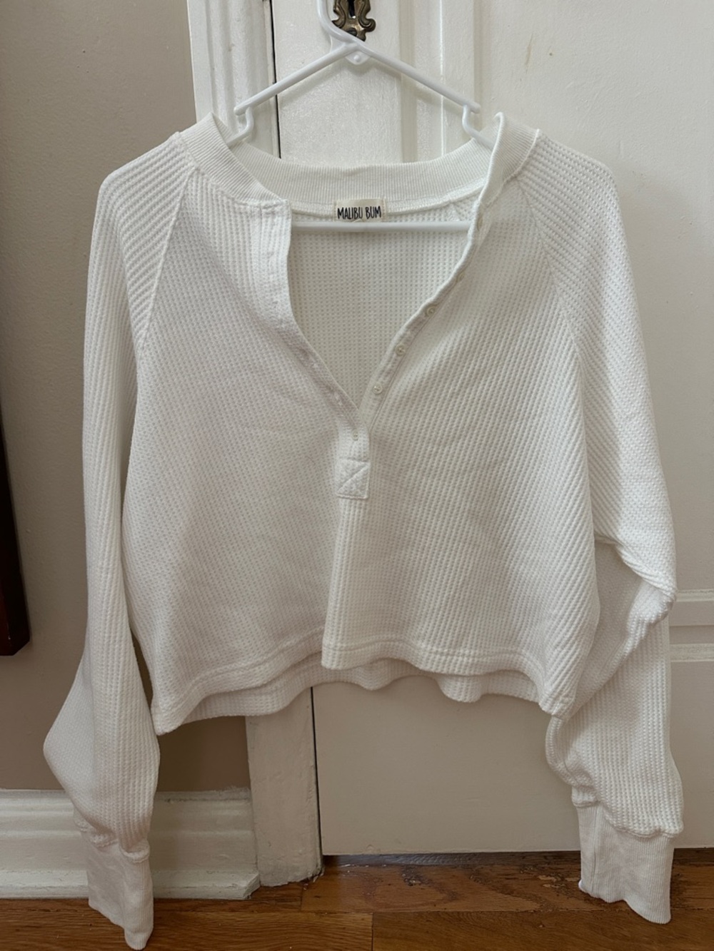 Malibu Bum White Waffle-Knit Cropped Henley Sweatshirt